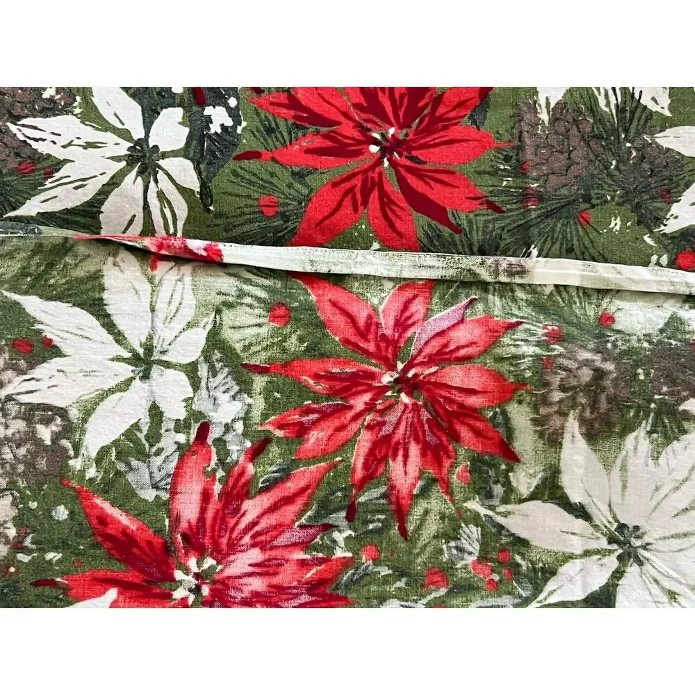 Vintage Christmas Poinsettias & Pinecones Red Green Fabric Tablecloth 50x103
